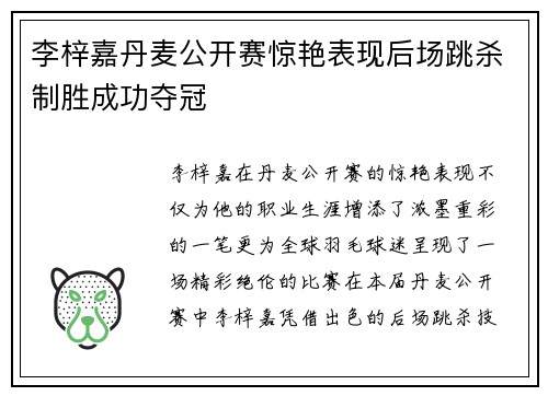 李梓嘉丹麦公开赛惊艳表现后场跳杀制胜成功夺冠