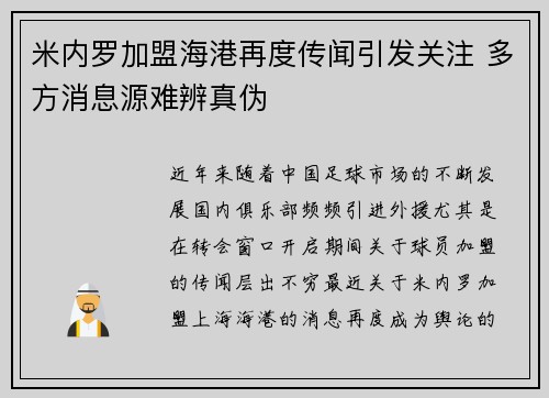 米内罗加盟海港再度传闻引发关注 多方消息源难辨真伪