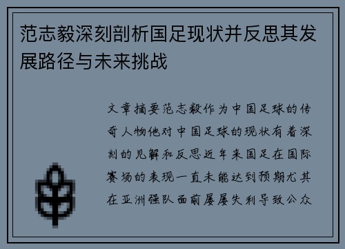 范志毅深刻剖析国足现状并反思其发展路径与未来挑战