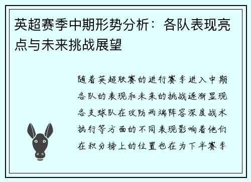英超赛季中期形势分析：各队表现亮点与未来挑战展望