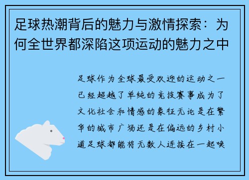 足球热潮背后的魅力与激情探索：为何全世界都深陷这项运动的魅力之中